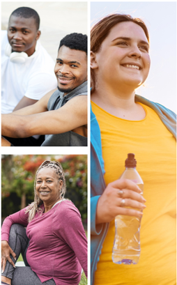 Collage of three photos of people working out or post-work out, two men smiling, woman smiling with water bottle, elder woman smiling yoga