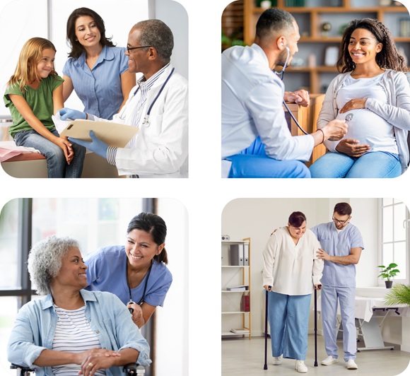 Collage of 4 images that include people connecting with their healthcare providers for healthier lives.