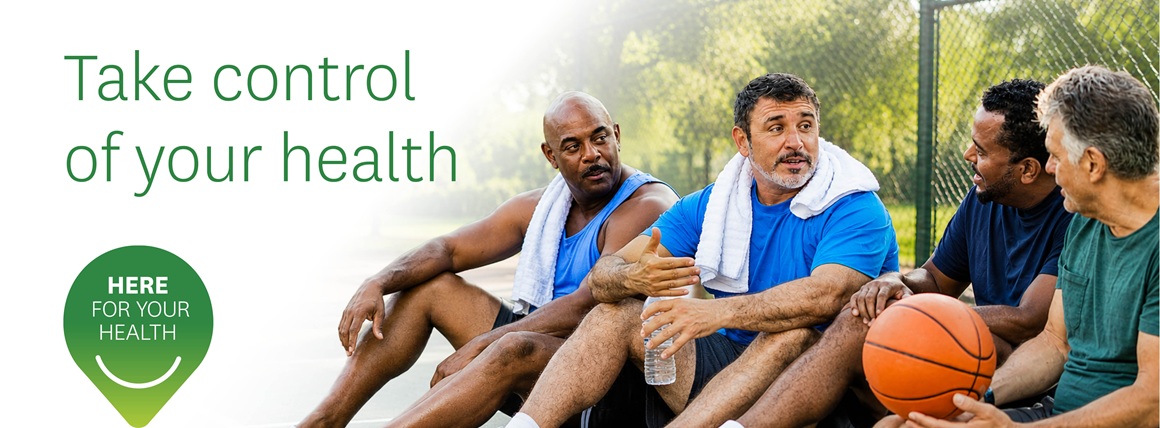 Take Control of Your Health. Buckeye is Here for Your Health. Men sit together after a game of basketball.